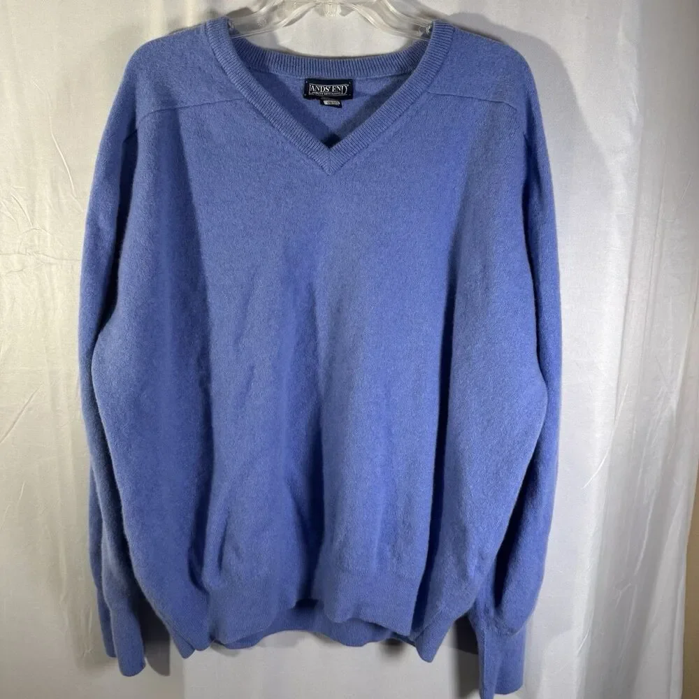 Lands’ End Men’s 2XL Blue V-Neck Sweater 100% Lambswool Pullover